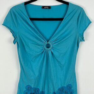 KFG Top Blouse Size M Blue Short Sleeve V Neck Stretch Embroidered Cotton Spande
